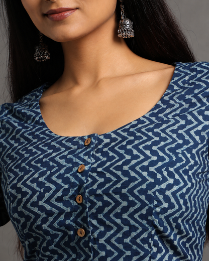 Indigo Dyed Dabu Printed Full Sleeve Blouse