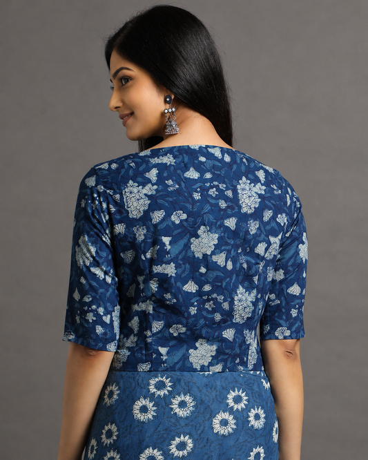 Indigo Dyed Dabu Printed Full Sleeve Blouse
