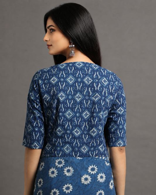 Indigo Dyed Dabu Printed Full Sleeve Blouse