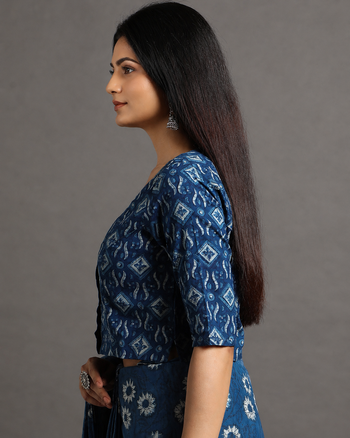 Indigo Dyed Dabu Printed Full Sleeve Blouse