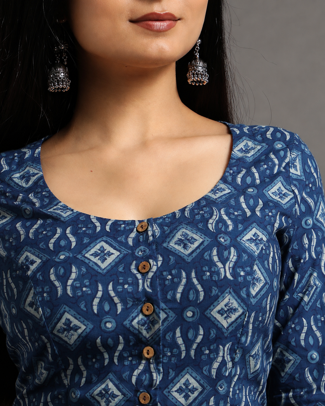 Indigo Dyed Dabu Printed Full Sleeve Blouse
