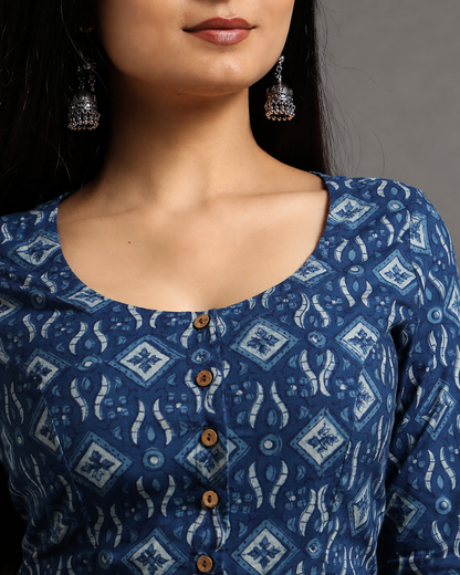 Indigo Dyed Dabu Printed Full Sleeve Blouse