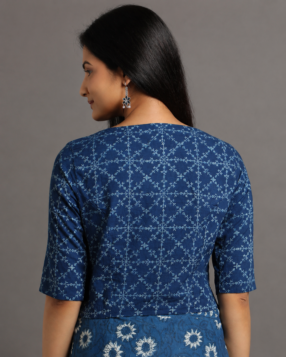 Indigo Dyed Dabu Printed Full Sleeve Blouse
