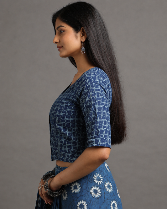 Indigo Dyed Dabu Printed Full Sleeve Blouse