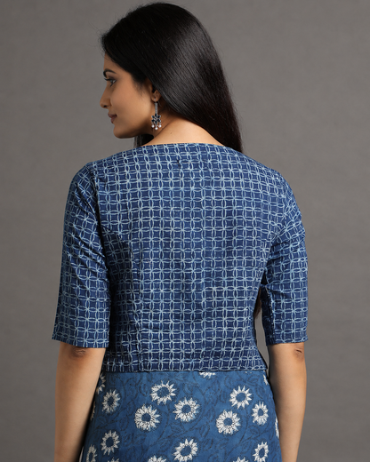 Indigo Dyed Dabu Printed Full Sleeve Blouse