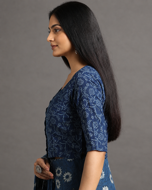 Indigo Dyed Dabu Printed Full Sleeve Blouse
