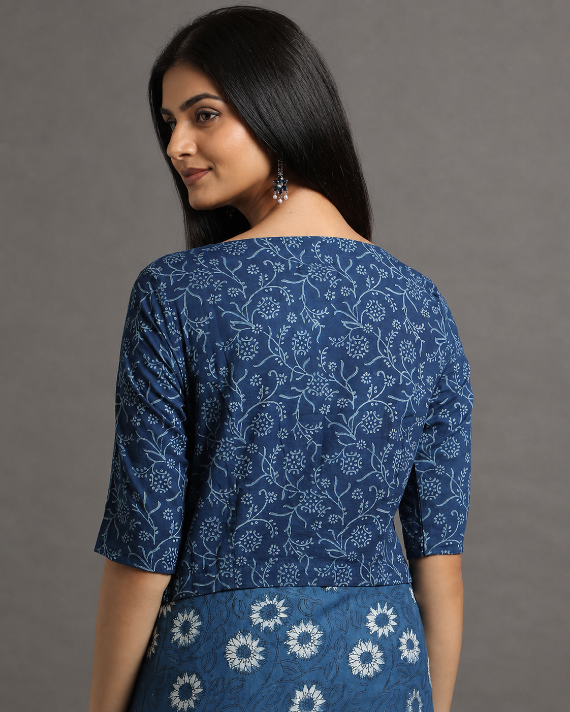 Indigo Dyed Dabu Printed Full Sleeve Blouse