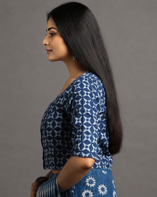 Indigo Dyed Dabu Printed Full Sleeve Blouse