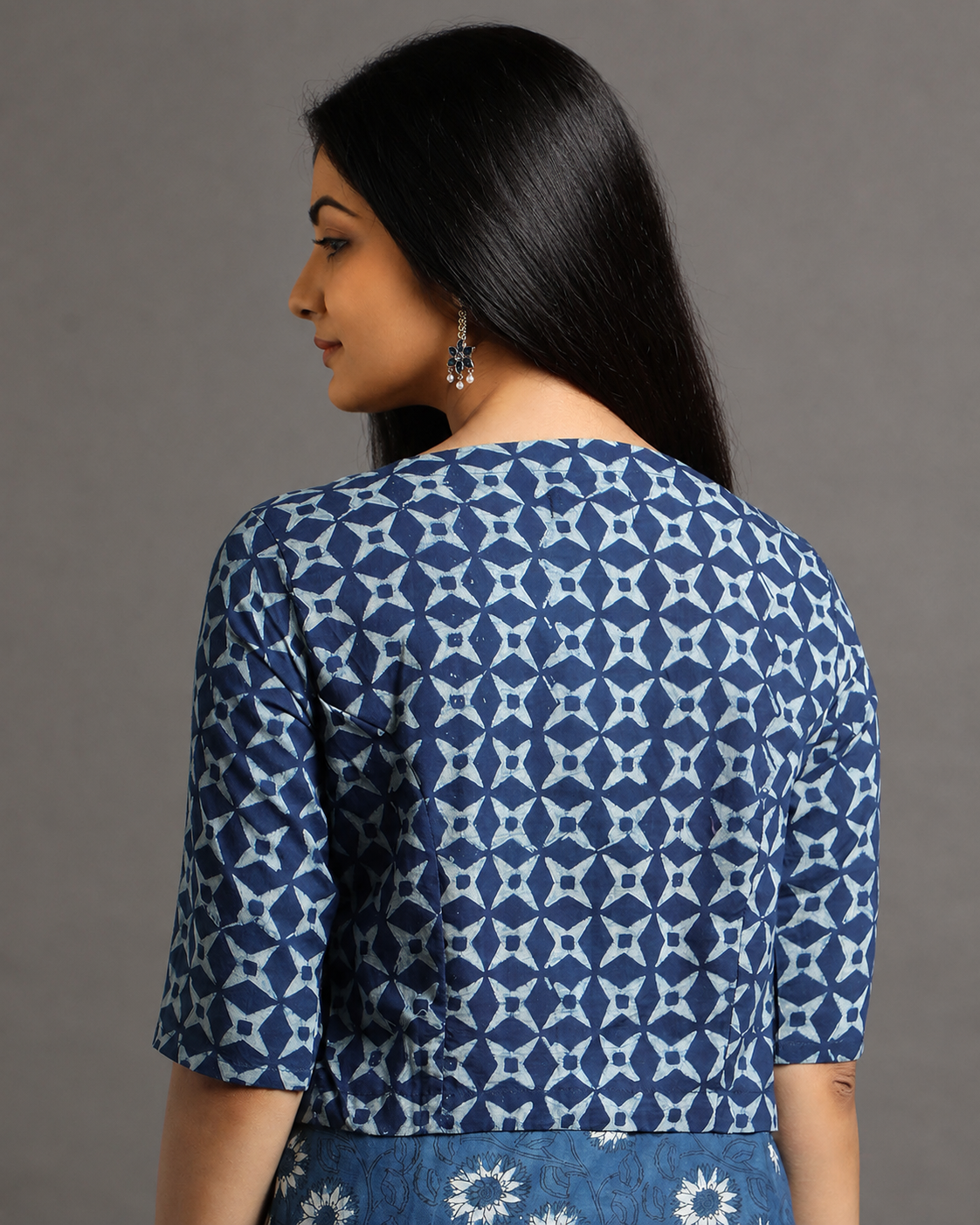Indigo Dyed Dabu Printed Full Sleeve Blouse
