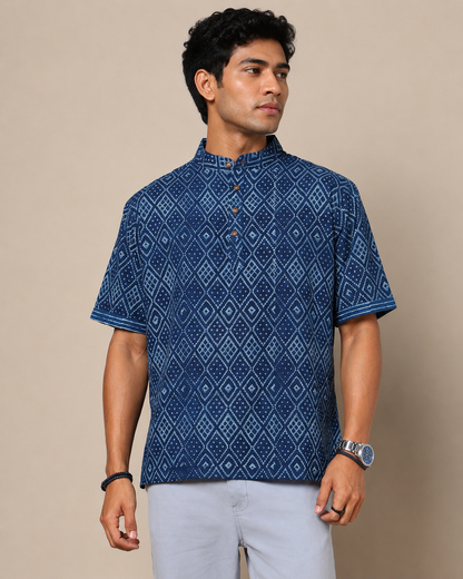 Men's Dabu Printed Indigo Dyed Short Kurta
