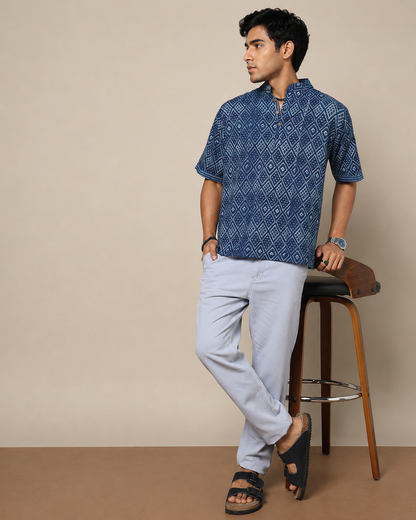 Men's Dabu Printed Indigo Dyed Short Kurta