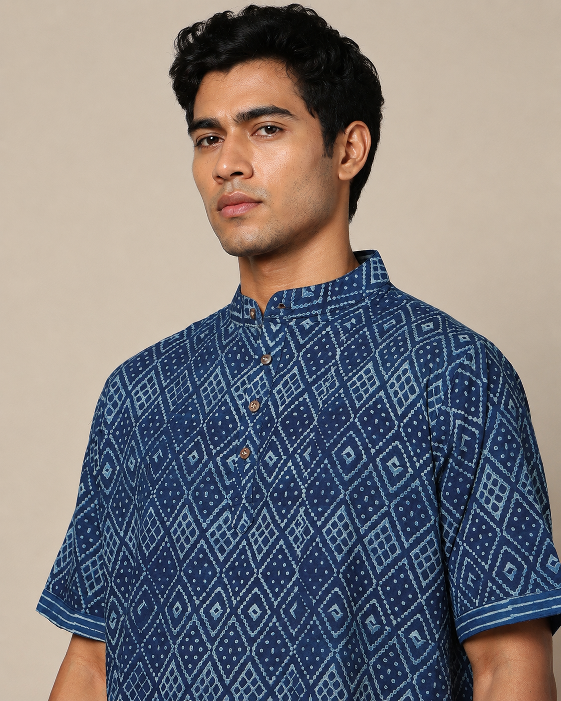 Men's Dabu Printed Indigo Dyed Short Kurta