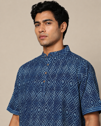 Men's Dabu Printed Indigo Dyed Short Kurta