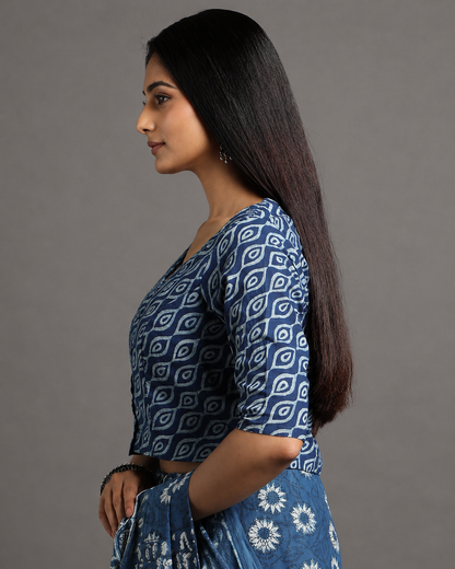 Indigo Dyed Dabu Printed Full Sleeve Blouse