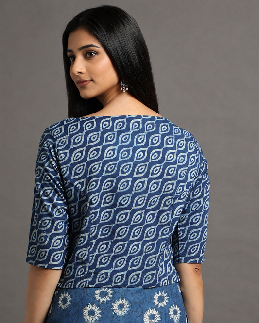 Indigo Dyed Dabu Printed Full Sleeve Blouse