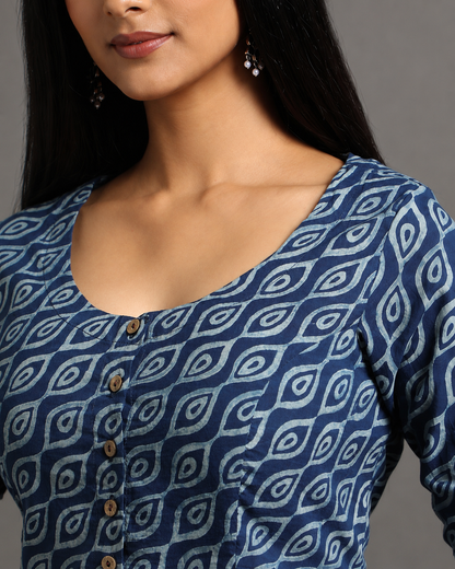 Indigo Dyed Dabu Printed Full Sleeve Blouse