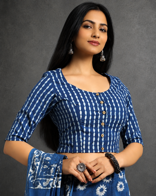 Indigo Dyed Dabu Printed Full Sleeve Blouse