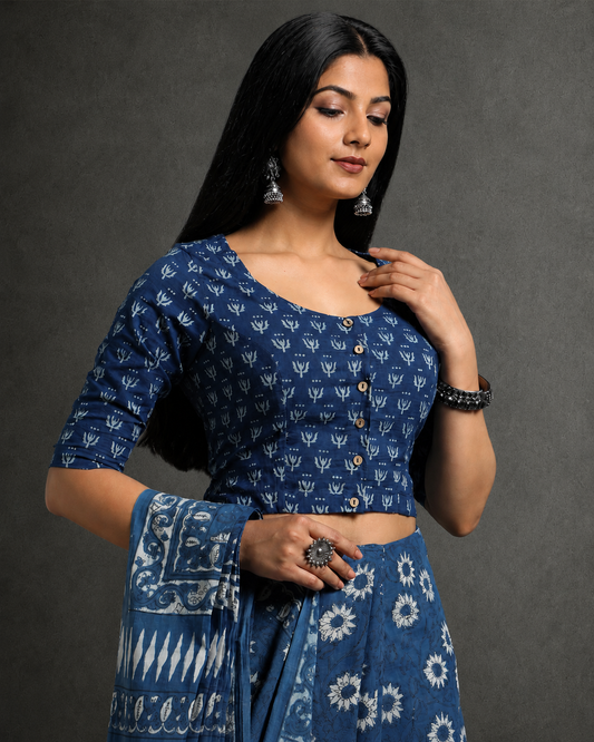 Indigo Dyed Dabu Printed Full Sleeve Blouse