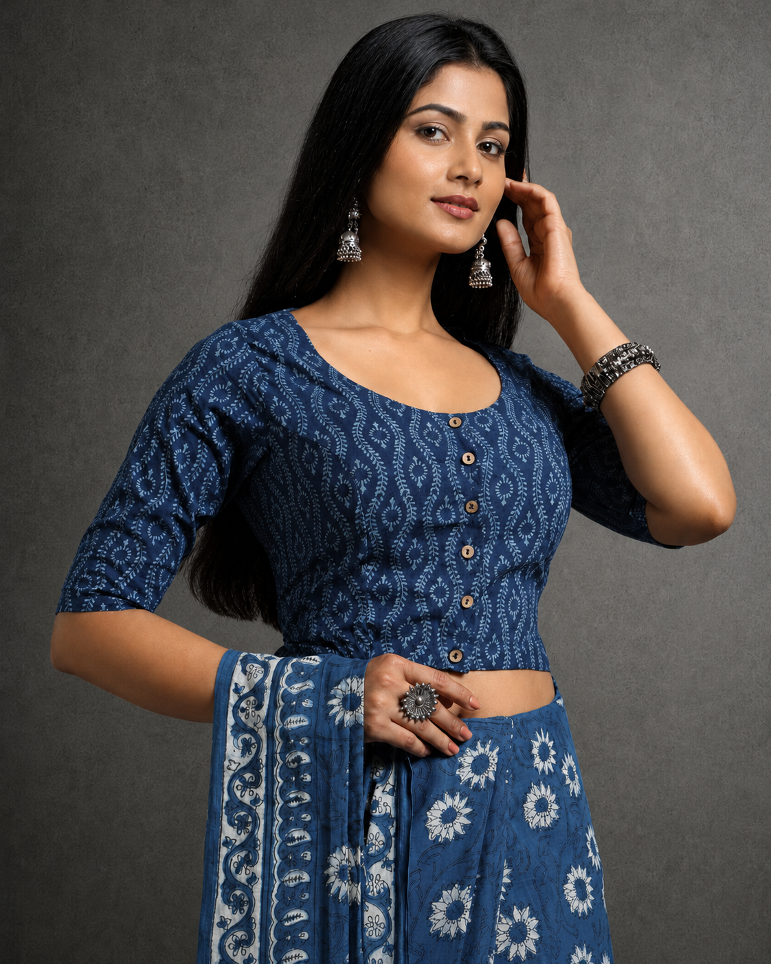 Indigo Dyed Dabu Printed Full Sleeve Blouse