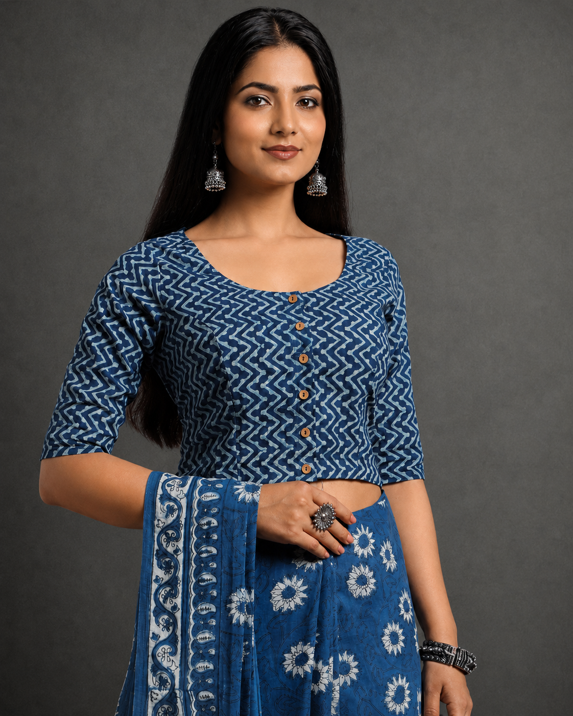 Indigo Dyed Dabu Printed Full Sleeve Blouse