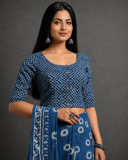 Indigo Dyed Dabu Printed Full Sleeve Blouse
