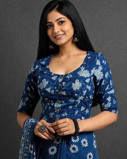 Indigo Dyed Dabu Printed Full Sleeve Blouse
