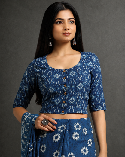 Indigo Dyed Dabu Printed Full Sleeve Blouse
