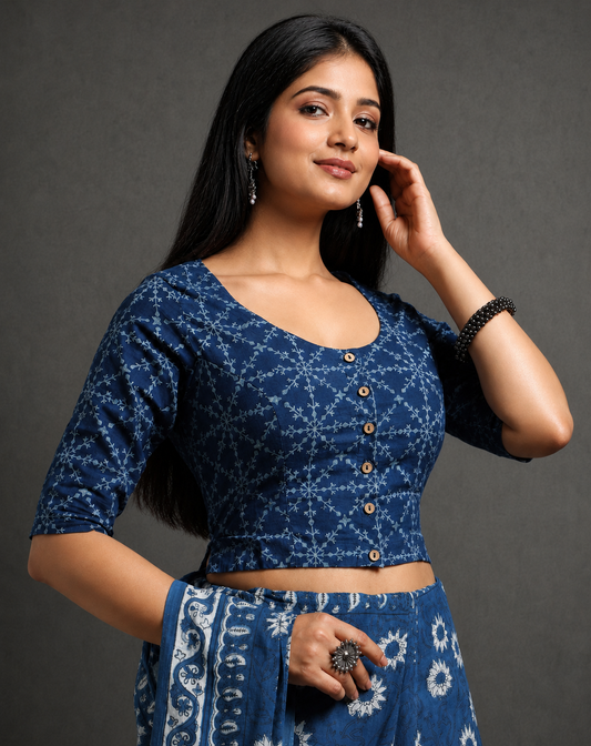 Indigo Dyed Dabu Printed Full Sleeve Blouse