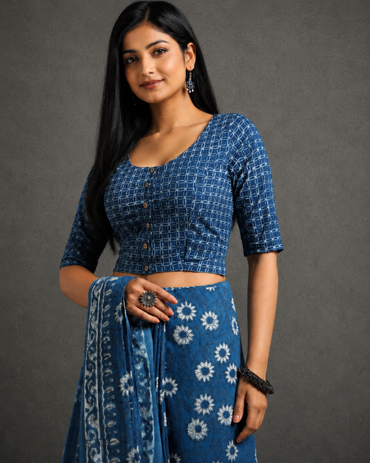 Indigo Dyed Dabu Printed Full Sleeve Blouse