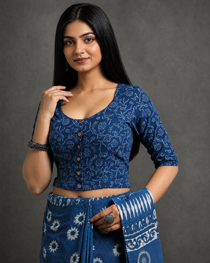 Indigo Dyed Dabu Printed Full Sleeve Blouse