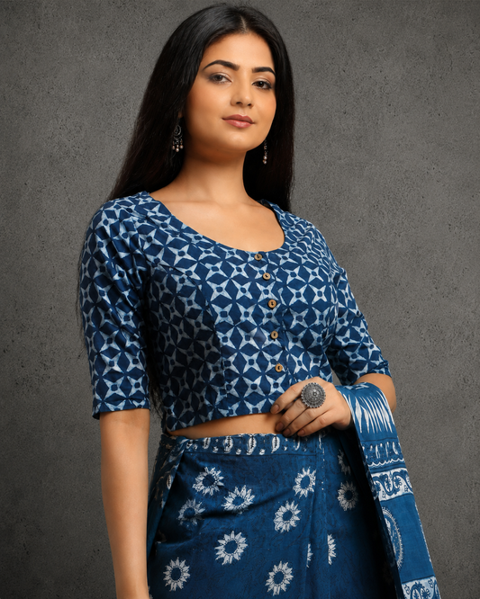 Indigo Dyed Dabu Printed Full Sleeve Blouse