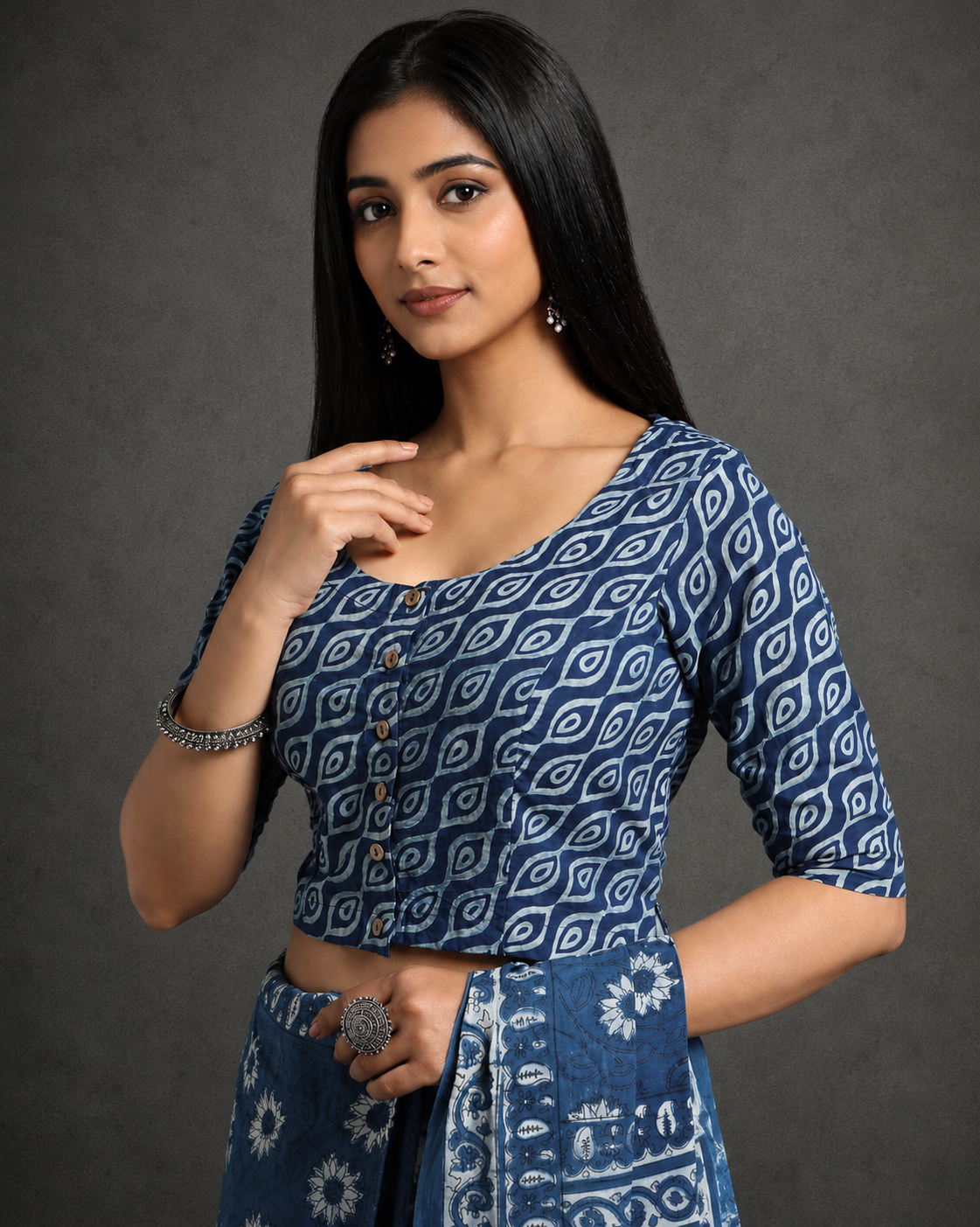 Indigo Dyed Dabu Printed Full Sleeve Blouse