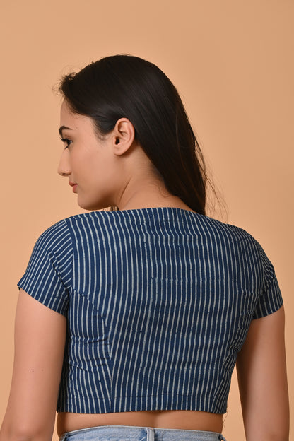 Indigo Dyed Dabu Printed Short Sleeve Blouse
