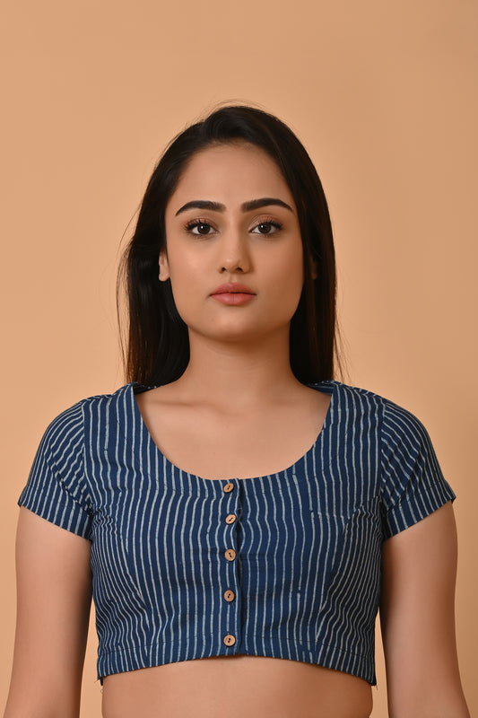 Indigo Dyed Dabu Printed Short Sleeve Blouse