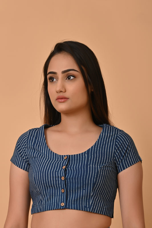 Indigo Dyed Dabu Printed Short Sleeve Blouse