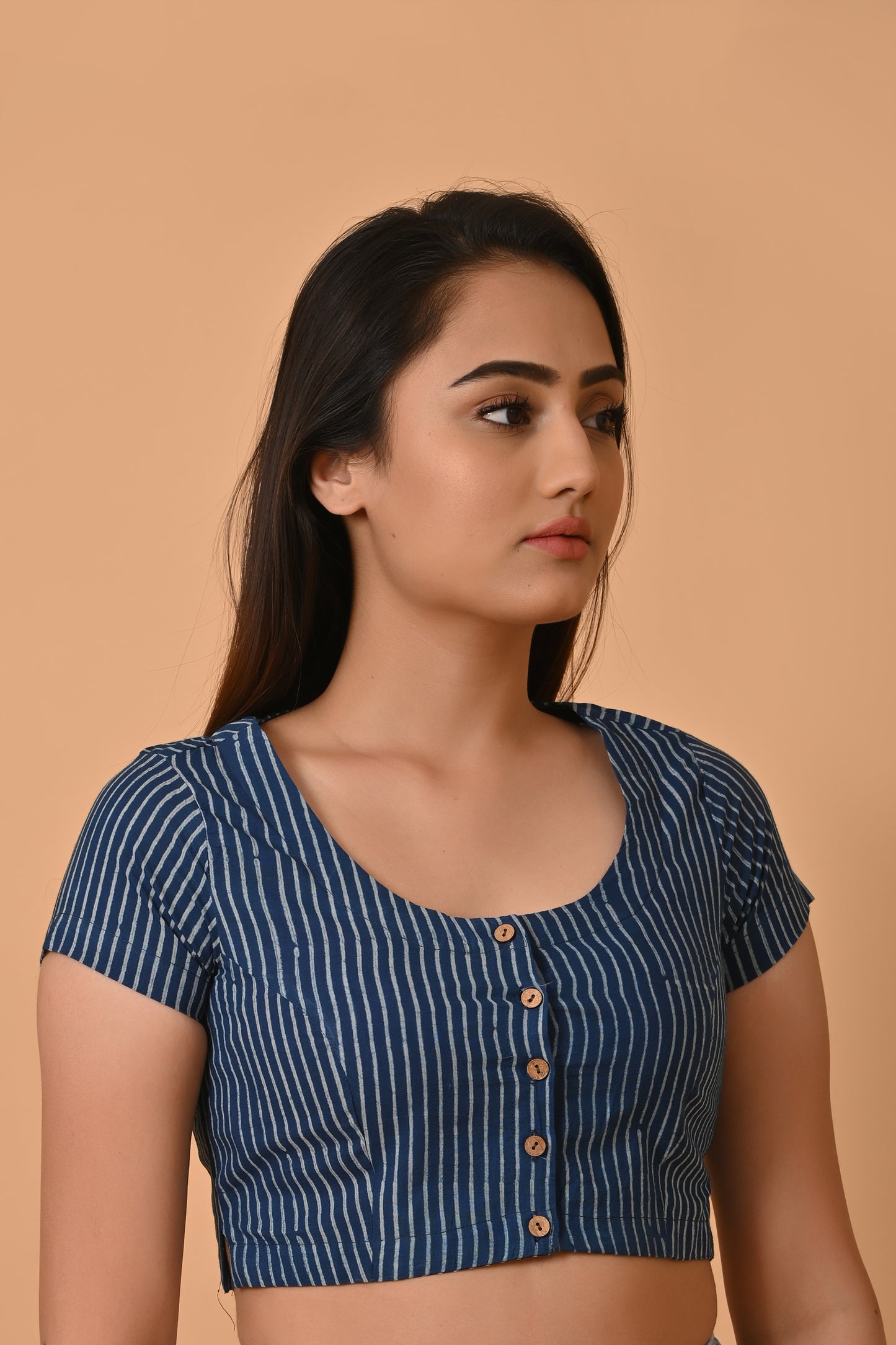 Indigo Dyed Dabu Printed Short Sleeve Blouse