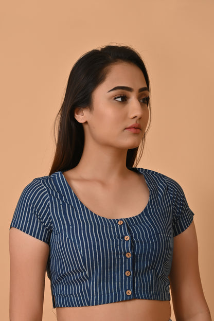 Indigo Dyed Dabu Printed Short Sleeve Blouse