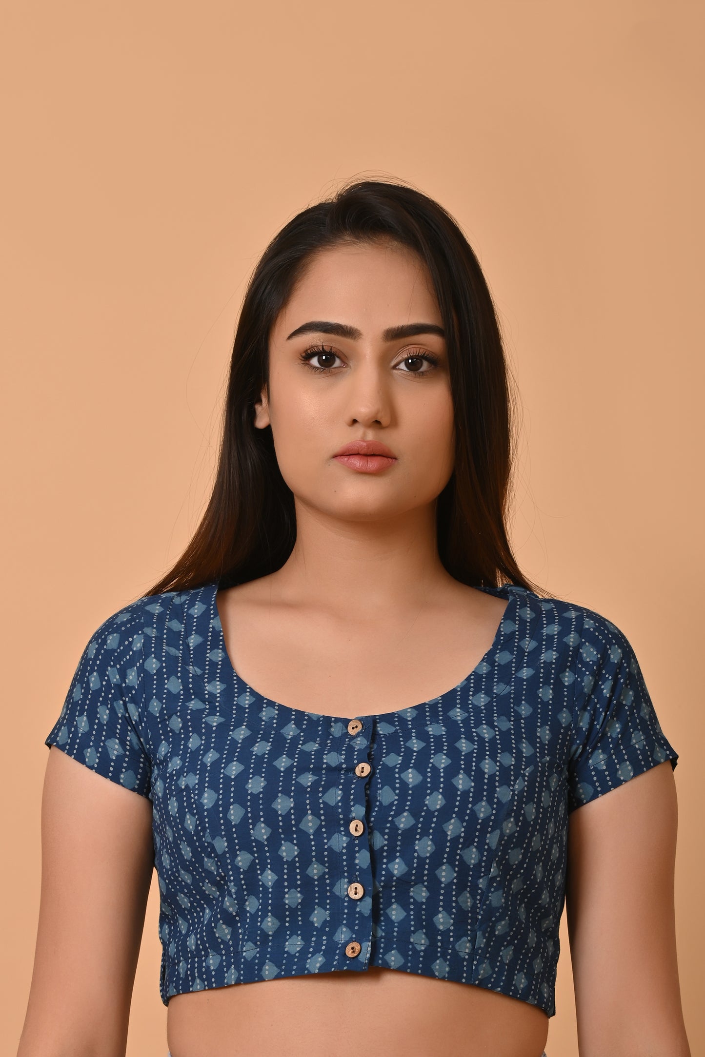 Indigo Dyed Dabu Printed Short Sleeve Blouse