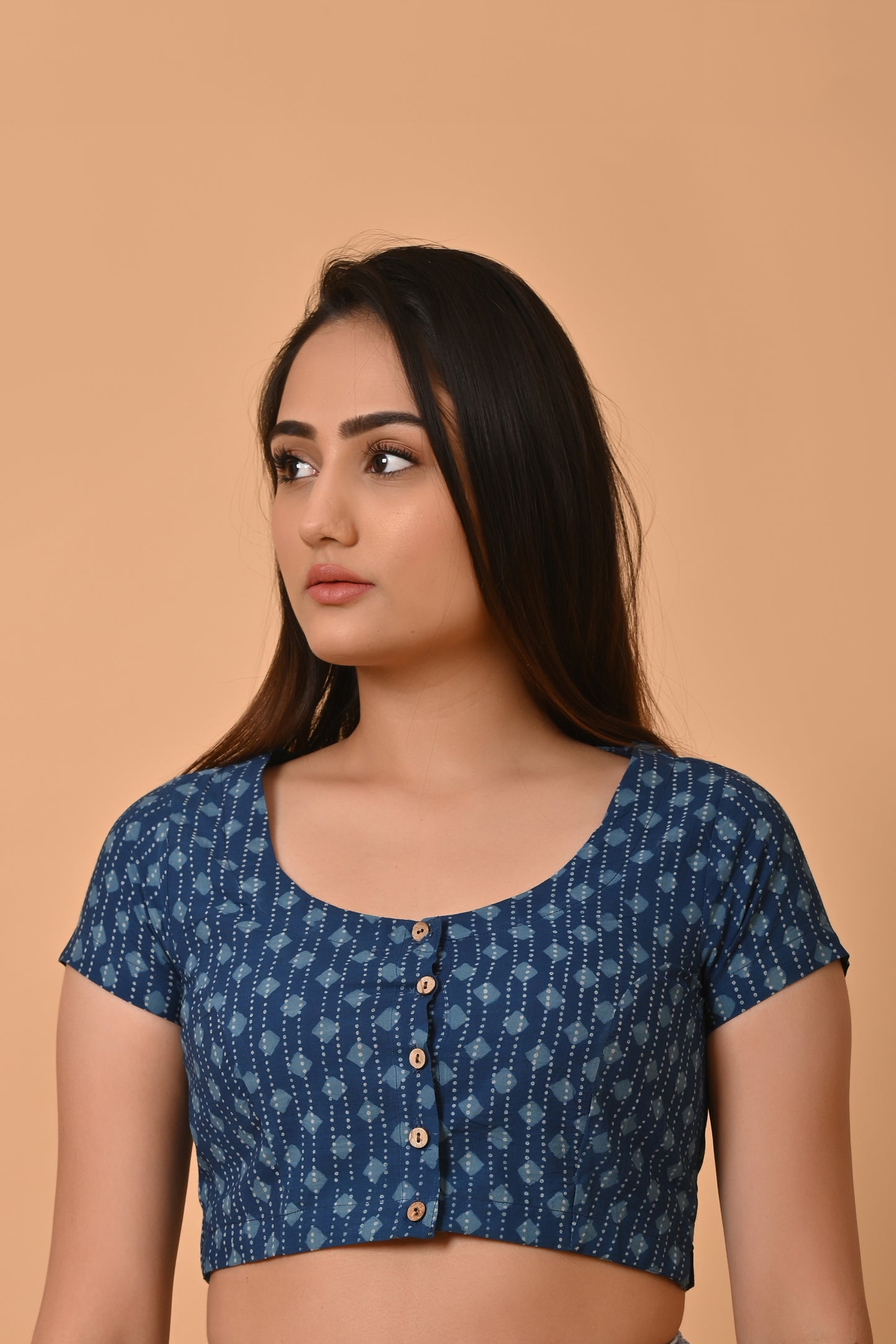 Indigo Dyed Dabu Printed Short Sleeve Blouse