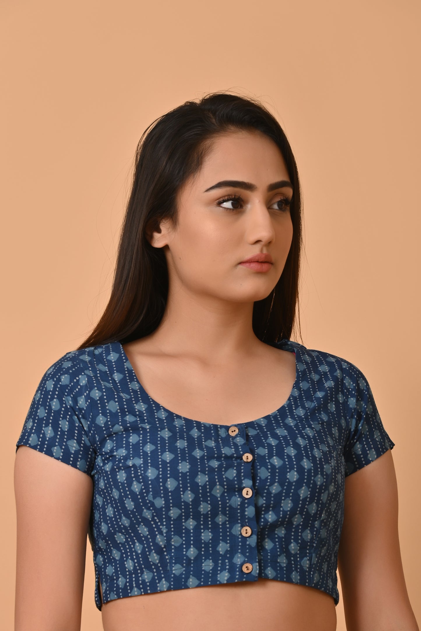 Indigo Dyed Dabu Printed Short Sleeve Blouse