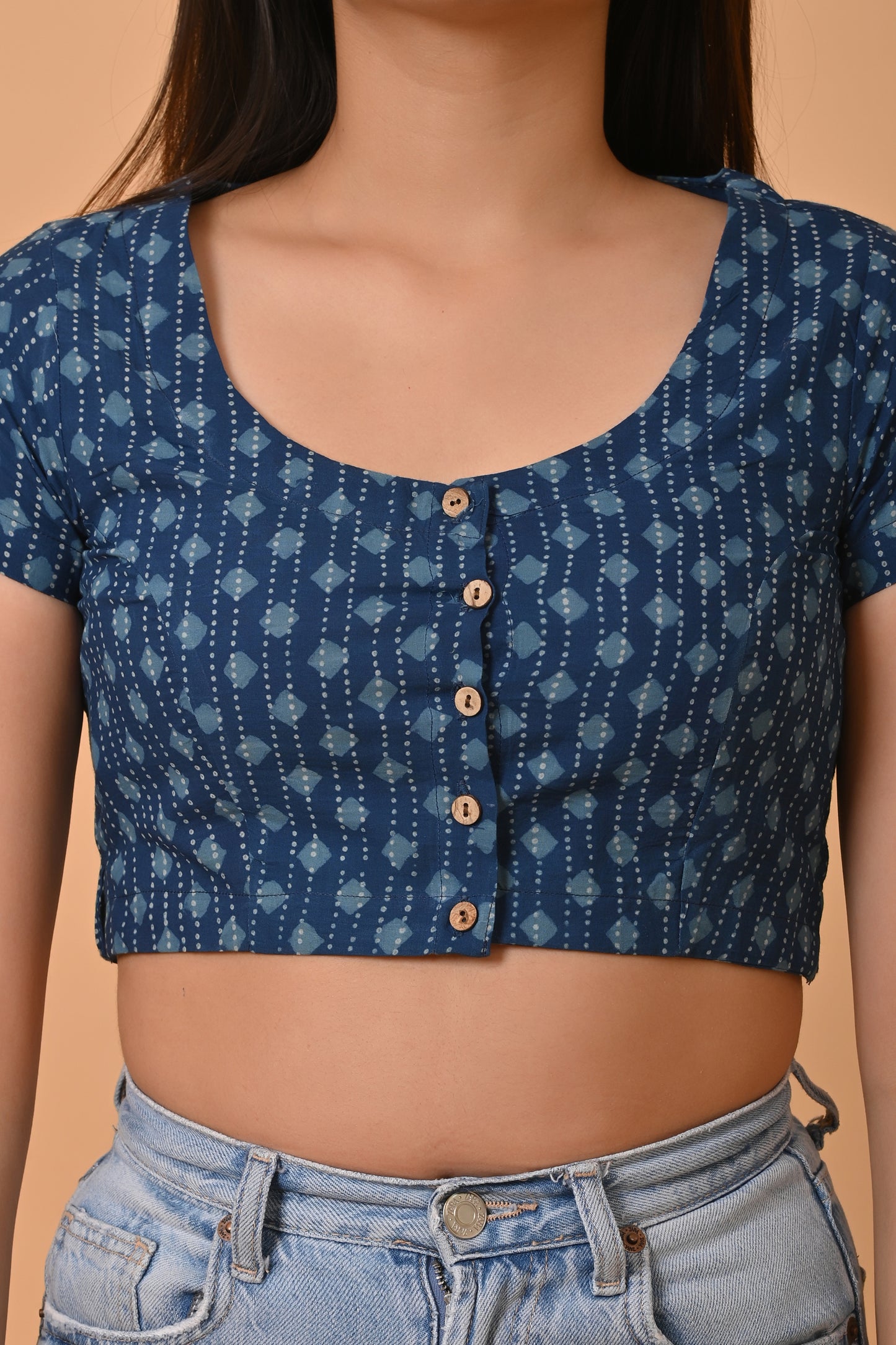 Indigo Dyed Dabu Printed Short Sleeve Blouse