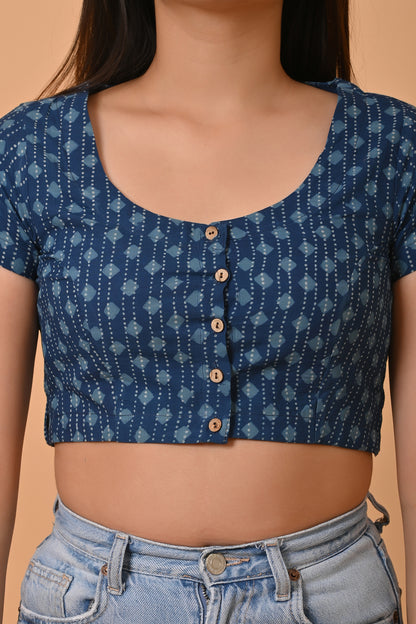 Indigo Dyed Dabu Printed Short Sleeve Blouse