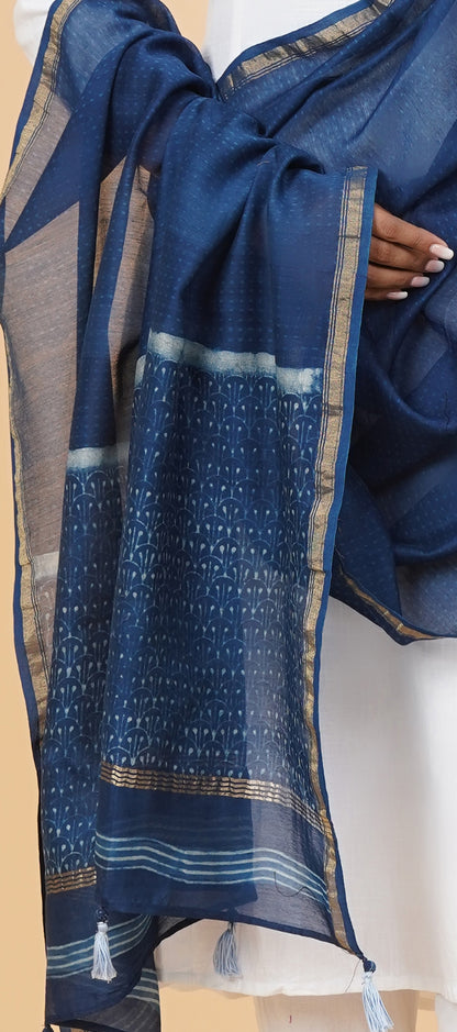 Indigo Dyed Dabu Printed Chanderi Kurta Set