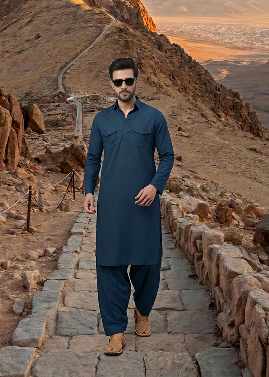 Dhurandhar Inspired Indigo Pathani Kurta Set