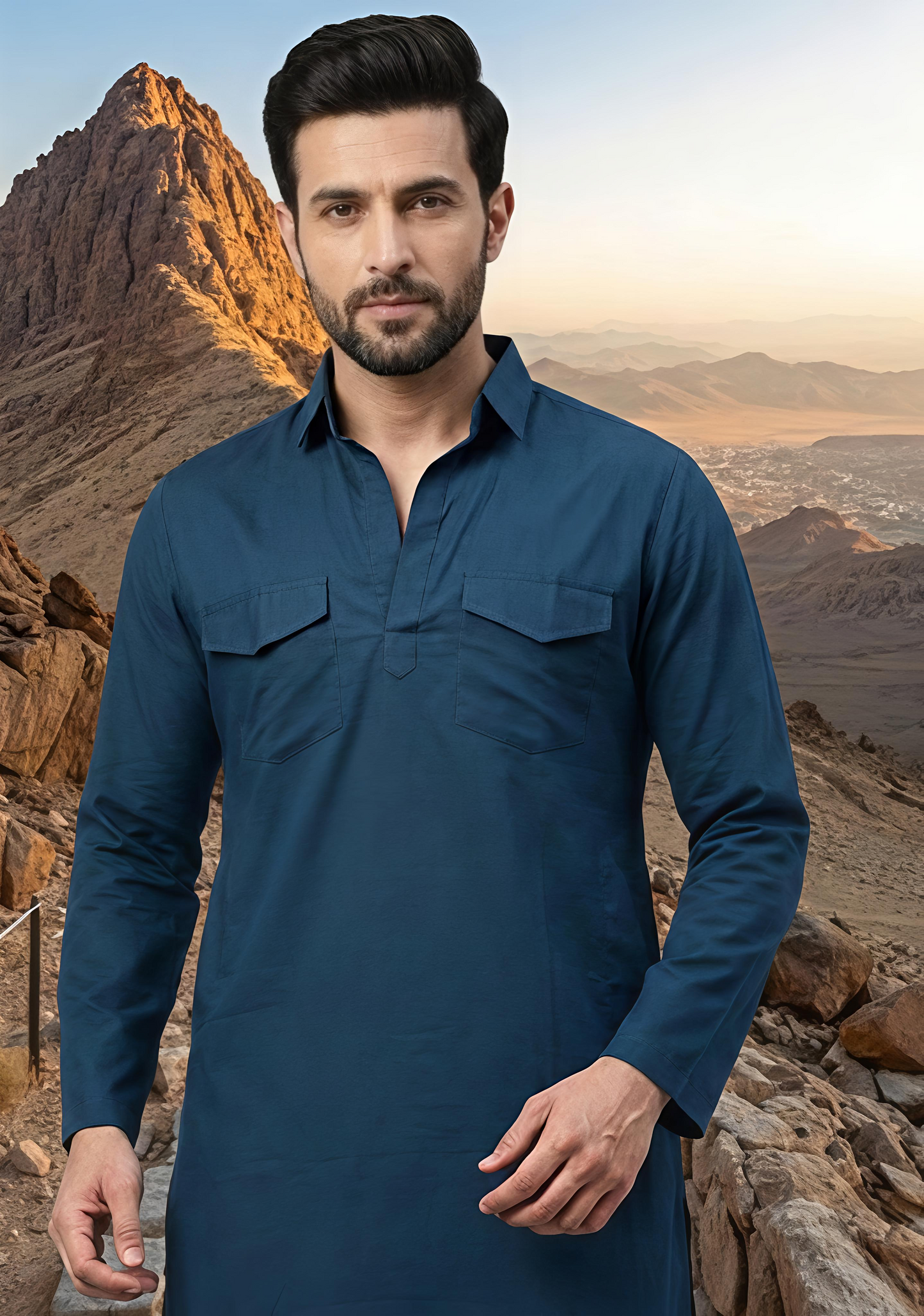 Dhurandhar Inspired Indigo Pathani Kurta Set