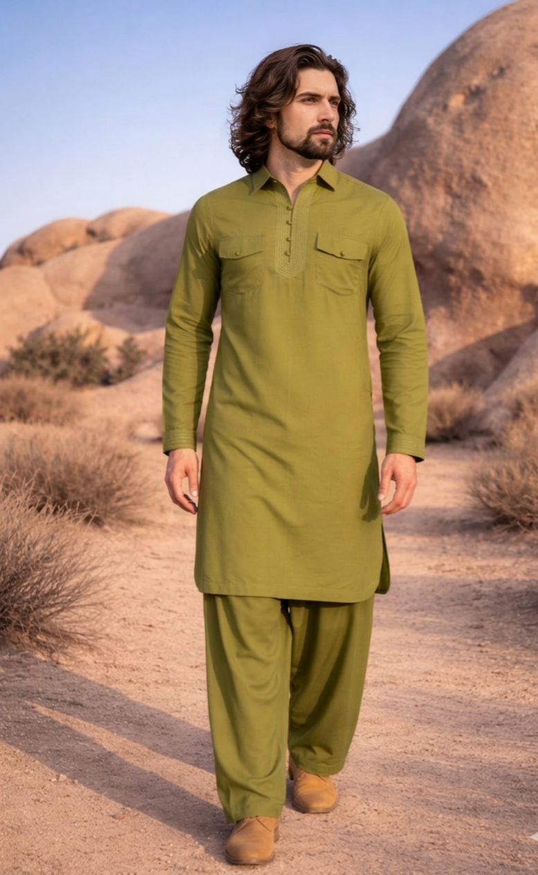 Dhurandhar Inspired Mehandi Green Pathani Kurta Set
