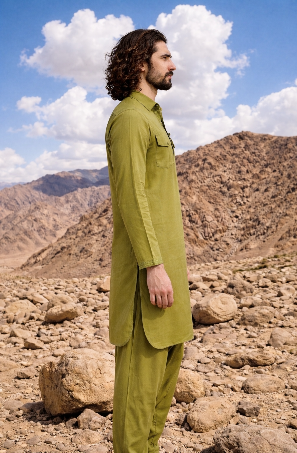 Dhurandhar Inspired Mehandi Green Pathani Kurta Set