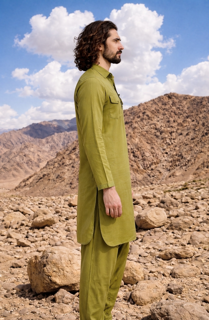 Dhurandhar Inspired Mehandi Green Pathani Kurta Set