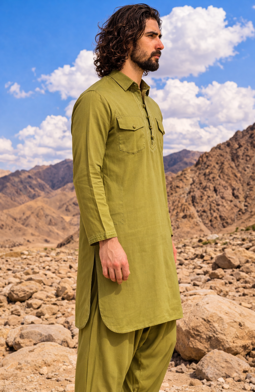 Dhurandhar Inspired Mehandi Green Pathani Kurta Set