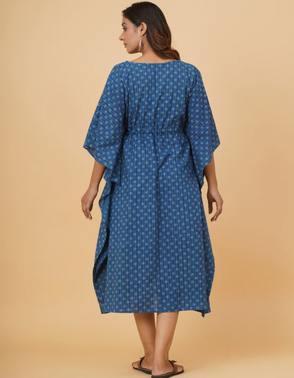 Natural Indigo Dyed Dabu Printed Cotton Long Kaftan Dress
